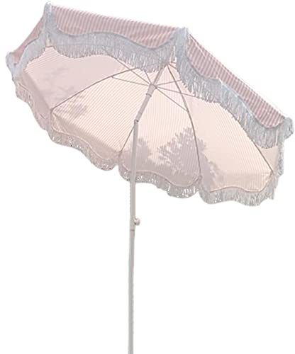 HZSCL Tilted Patio Parasol With Tassel Retro Round Parasol Garden Umbrella Pink And White Striped Beach Umbrella Adjustable Foldable Protection UV50+