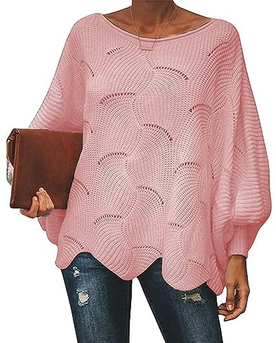QUNERY Pull Femme Hiver Chic Sweat Femme Casual Lâche Automne Manches Chauve-Souris Sweater Femme Tee Shirt Manche Longue Oversize Rose L