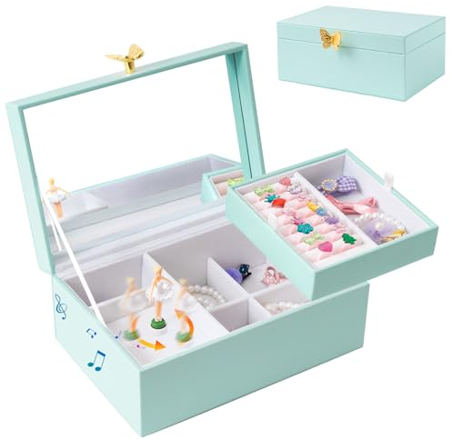 ProCase Musik Schmuckschatulle mit Ballerina & Schmetterlings Griff Spieluhr 2 Schicht Schmuckaufbewahrung für Frauen - Blau