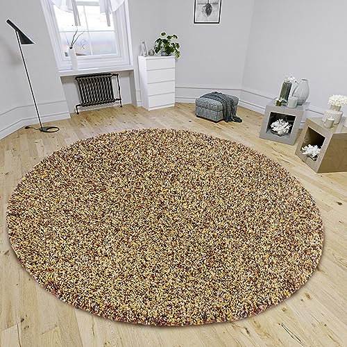 Hanse Home Shaq Hochflor Teppich Rund – Runder Wohnzimmerteppich, Langflor Shaggy Modernes Muster, Flauschig Weich für Wohnzimmer, Schlafzimmer, Jugendzimmer – Creme Ocker Braun, 160cm