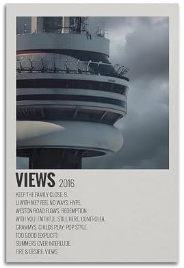 Drake Views Poster, Albumcover, Poster, Leinwand, Foto, Schlafzimmer, Musikposter, Album, Vintage-Musikposter und Kunstdrucke, dekoratives Geschenk für Zuhause, 30 x 45 cm, ungerahmter Stil