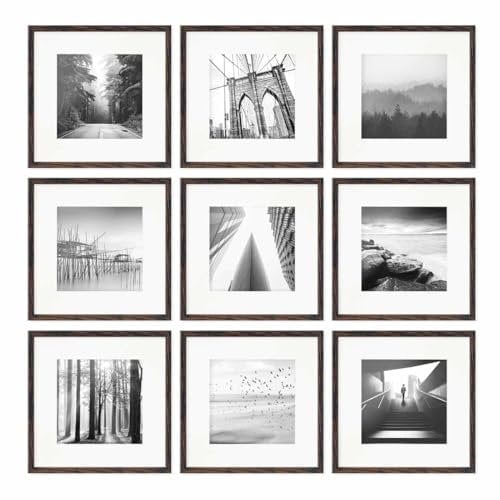 PHOTOLINI Bilderrahmen 30x30 Eiche dunkel Holz MDF, 9er Set Bilderrahmen quadratisch 30x30, Foto Rahmen mit Passepartout zum Aufhängen, Rahmen 30 x 30 mit Acrylglas & Zubehör - für Fotos & Poster
