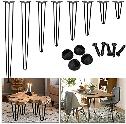 Cecaylie Lot de 4 pieds de table en épingle à cheveux à 3 barres avec protections de sol - En métal noir - 35 cm - Pour table basse et bureau