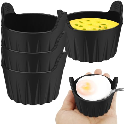 4Pcs Ramekins for Air Fryer, Air Fryer Egg Poacher, Food Grade Silicone Egg Poaching Cups Easy Release Reusable Air Fryer Egg Moulds Air Fryer Accessories BPA Free for Oven Microwave Air Fryer (Black)