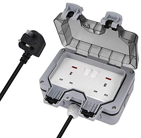 Outdoor Extension Lead Waterproof, outside socket, outdoor plug, Double Socket 3 Meter Extension Lead IP66 Waterproof 13 Amp 2 Gang Power Switched, Wall Electrical Outlet with Cover (Grey)