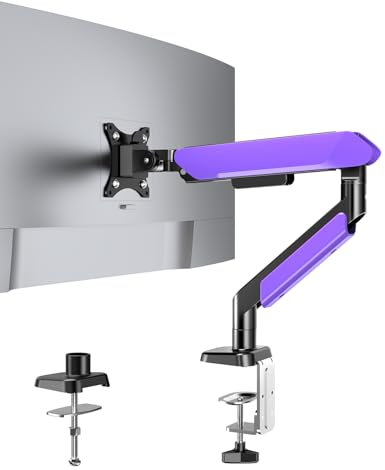 WHYFONE Single Monitor Arm Desk Mount for 17 to 42 Inch Screens, VESA 75 & 100mm Desk Clamp Stand, Gas Spring Monitor Stand, Height Adjustment with Tilt Swivel Rotate, Weight 2-15KG, Purple