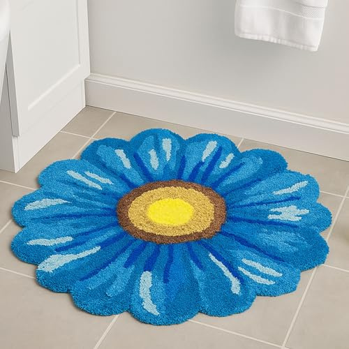 Feblilac Badteppich mit blauen Blumen, florale Matte für Badezimmer, niedliche Pflanze, rutschfeste Bodenmatten, waschbarer Mikrofaser-Teppich für Wohnzimmer, Zuhause, schnell trocknender Teppich