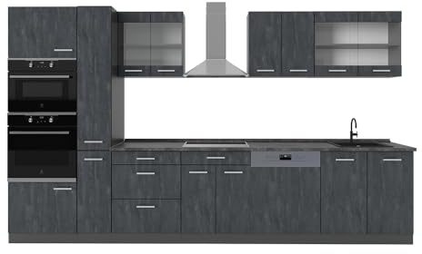 Vicco Küchenzeile R-Line, Küchenblock, Schwarz Beton/Anthrazit, 350 cm, AP Marmor