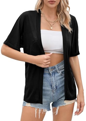 TASAMO Women's Casual Open Front Split Cardigans Summer Style with Short Sleeve Charm(Black, X-Large)