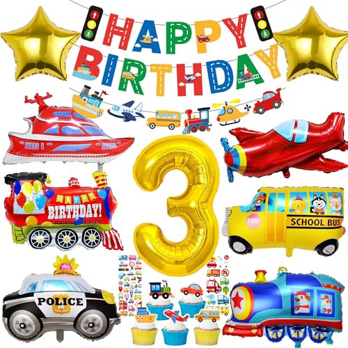 Auto Deko 3. Geburtstag Junge - Verkehr Geburtstagsdeko 3 Jahre, Boot Flugzeug Zug Schulbus Polizeiauto Folienballon, Transport Car Tortendeko, Aufkleber und Happy Birthday Banner Set Kindergeburtstag