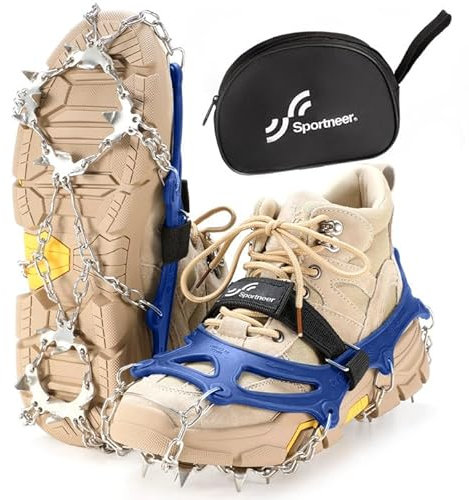 Sportneer Steigeisen Eisstollen Traktion, 19 Spikes Edelstahl Anti-Rutsch EIS Schnee Grips für Schuhe Stiefel, Sicherer Schutz für Gehen, Joggen, Klettern, Angeln, Bergsteigen, Wandern