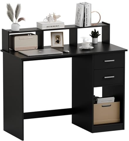 Mondeer Schreibtisch mit Schubladen, Computertisch Klein mit Regal, 105 x 48 x 94cm, Ideal für Büro Heimbüro Arbeitszimmer Wohnzimmer, Schwarz