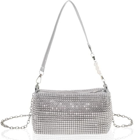 Silber Clutch Damen Glitzer - Handtasche mit Abnehmbarer Kette für Party & Hochzeit