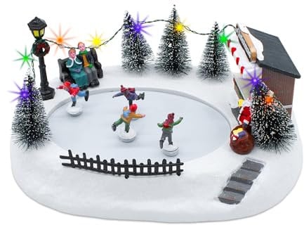 Spetebo LED Weihnachtsszene Eisbahn mit fahrenden Figuren - 29 x 21 cm - Deko Winterstadt bunt beleuchtet mit Musik - Weihnachts Winter Dorf Szene Tisch Dekoration Spieluhr