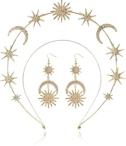 Halo Krone,Goldene Sternkrone,Haarreif Sonne Mond und Sterne,Glitzer Sonne Mond Sterne Haarreif Zubehör für Frauen Boho Hochzeit Karneval Kopfschmuck (Gold B, Normal)