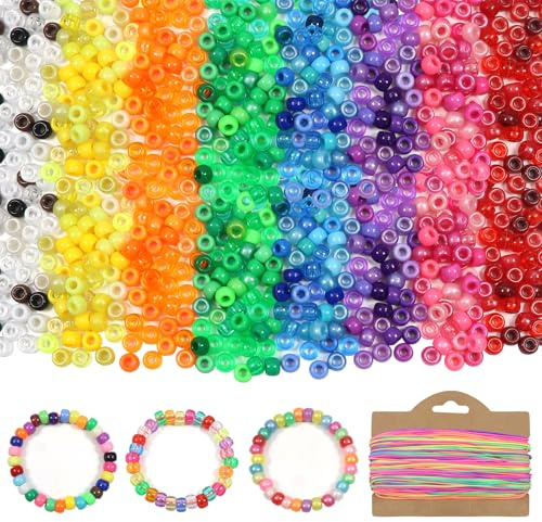 TOAOB 1000 Stück Bunt Pony Perlen zum Auffädeln 9 mm mit Großes Loch | Fädelperlen Transparent Acryl Pony Beads Bastelperlen mit 60 m Elastisch Schnur für Schmuck Armbänder Halsketten DIY Basteln