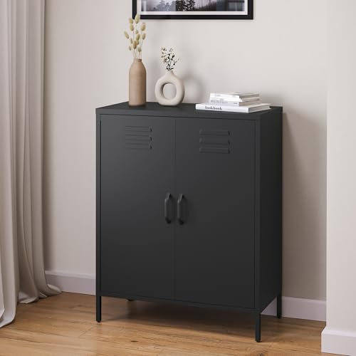 skølm Kommode Atria schwarz, Sideboard für Wohnzimmer, Metall Kommode mit Doppeltür, Metallschrank, Mehrzweckschrank Größe 100x80x38 cm