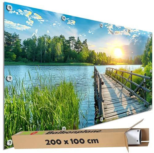 TRIOSK Sichtschutz Balkon Deko Plane Balkonblende Blickdicht mit Motiv Holz Weg Steg Brücke See für Garten Terrasse Gartenzaun Balkonverkleidung Blickschutz PVC groß 200x100 cm