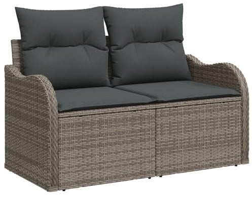 vidaXL stylisches Outdoor Sofa mit Stauraum, graues Rattan, Flauschige Kissen, 2-Sitzer, modernes Design, wetterfest, strukturierte Oberfläche für Balkon oder Terrasse, Bequeme Sitzgelegenheit