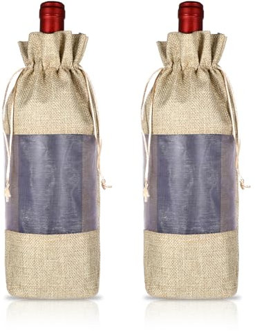 2Pcs Burlap Wine Gift Bags with Drawstrings Ropes, Reusable Jute Wine Covers with Sheer Organza Window Hessian Pouches 750ml for Weddings Holiday Party Birthdays(Flax, 12x4in)