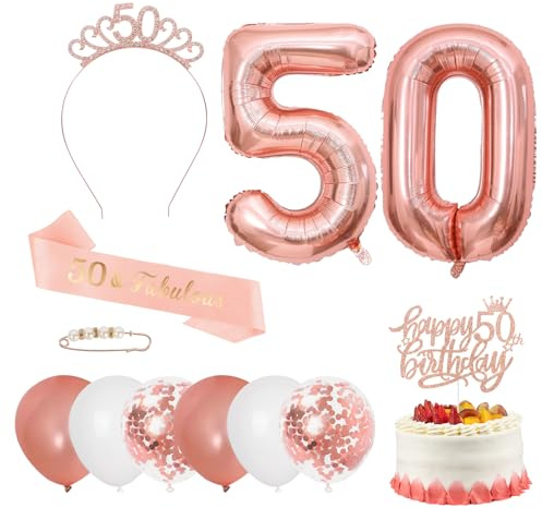 Iridsmole Rose Gold 50th Birthday Decorations Set, Tiara, Sash, Cake Topper, Balloons
