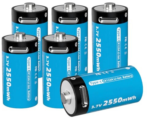 Pilas Recargables CR123A Paquete de 6 con Cable USB Tipo C Batería Litio 3,7V 2550mWh para Cámaras (VMC3030/VMK3200/VMS3330/3430/3530), Linternas y Micrófonos