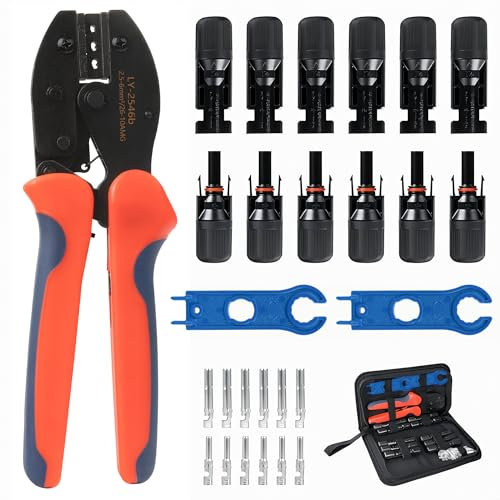 Juego de crimpadora solar para cable fotovoltaico de 2,5/4/6 mm² – Conector solar con 6 pares de conectores de cable, 6 pares de conectores MC4 hembra, 1 crimpadora y 2 llaves de montaje para cable