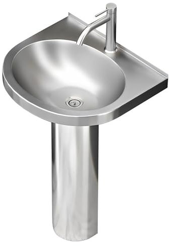 Lavello a colonna in acciaio inox 40,6 x 48,3 x 73,7 cm con rubinetto e kit di scarico per esterni e interni, lavabo a mano con bordo di blocco dell'acqua, bagno, lavanderia, ristorante