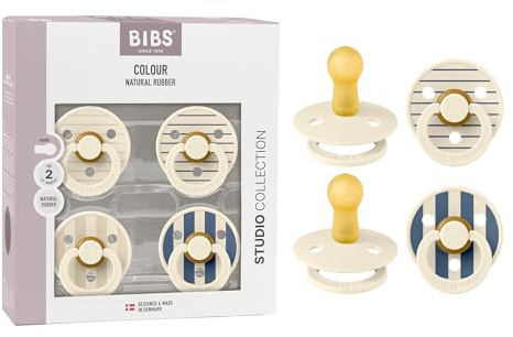 BIBS Colour Studio Soother 4-Pack, BPA Free Dummy Pacifier, Round Nipple. Natural Rubber Latex, Made in Denmark, Size 2 (6+ Months), Ivory