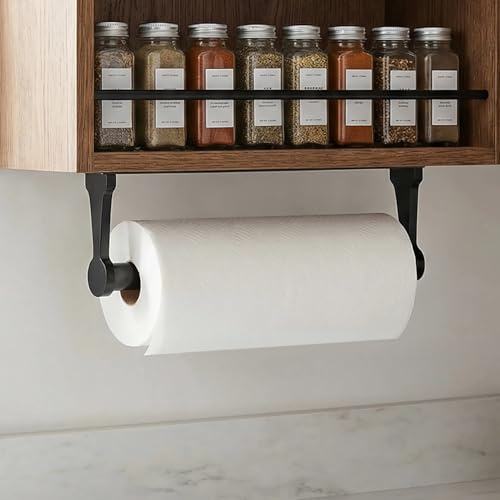 QWORK® Küchenrollenhalter, Schwarzer Aluminiumlegierungs-Papiertuchhalter, Selbstklebend oder Schraubmontage, für Küche, Badezimmer und mehr