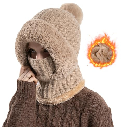 Generisch Sturmhaube Mütze Winter, 2026 Neu Wintermütze für Damen, Plüsch Sturmhaube 3 in 1 Beanie Mütze Warm Strickmütze & Halswärmer Sets