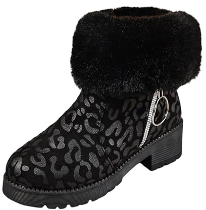 Generico Stivali da Neve Donna con Tacco Spesso Pelliccia Interni Zip Laterale Pelle Scamosciata Design Leopardato Invernali (Black, 37)