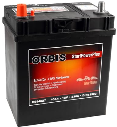 Autobatterie 12 V 40 Ah – gefüllt und geladen, wartungsfreie Starterbatterie mit 330 A, Orbis BS54027 kompakt und zuverlässig für PKW‑Alltag und Kurzstrecken | BaSBa 4917