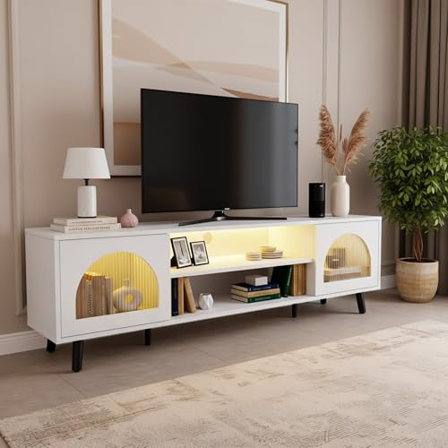 Bonnlo TV Unit, Long TV Unit for Living Room - 160cm LED TV Stand Cabinet with 16 Colour Light, Media Console for TVs up to 65 inch, 160x35x47cm (White)