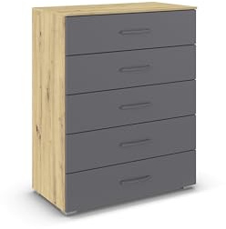 Rauch Möbel ADITIO, Kommode, Grau metallic/Eiche Artisan, Breite 80 cm | Highboard im zeitlosen Stil, 5 Schubladen, Soft-Close-Funktion, für Schlafzimmer, Gästezimmer, Wohnzimmer, Garderobe, Flur