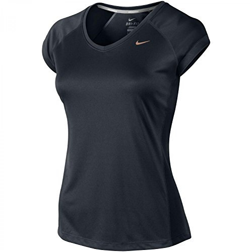 NIKE Damen kurzarm Shirt Miler V-Neck Black/Reflective Silver, L