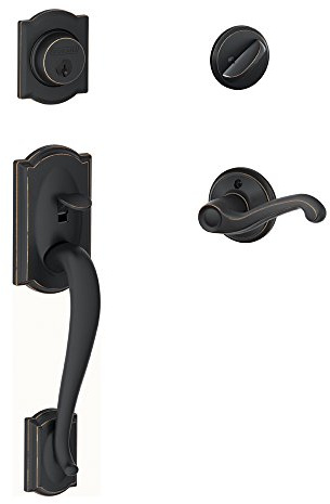 SCHLAGE Lock Company Camelot Single Cylinder Handleset and Left Hand Flair Lever, Aged Bronze (F60 CAM 716 FLA LH)