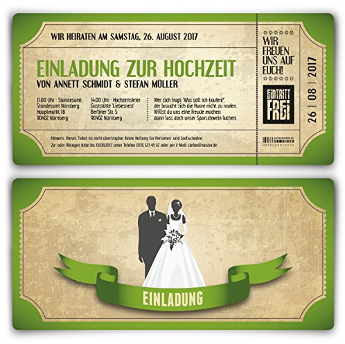 Kartenmachen.de Personalisierte Einladungskarten zur Hochzeit (ab 10 Stück Sets selbst gestalten) als Eintrittskarte mit echtem Abriss im Vintage Ticket Look Hochzeitskarten in Grün