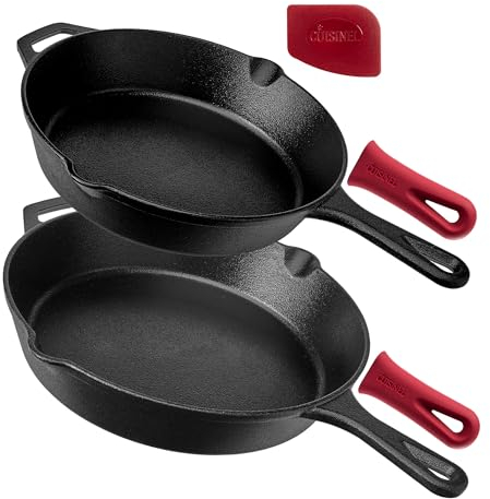 cuisinel Cast Iron Skillet Set - 10+12-inch / 25.4cm + 30.48cm + 2 Silicone Handle Holders - Pre-Seasoned Oven Safe Cookware - Indoor/Outdoor - Grill, Stove Top and Induction Safe