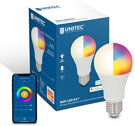 UNITEC WIFI LED Glühbirne E27 CCT RGB, dimmbare WLAN Lampe, Farbwechsel, Kalt-/Warm-/Neutralweiß, mit Timer und Zeitschaltuhr