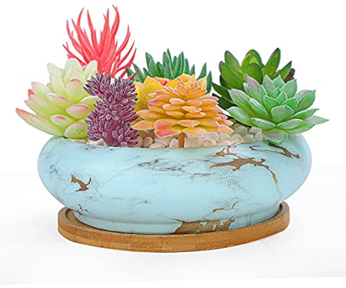 ARTKETTY Pot de Fleur, Grand Pot pour Succulentes Pot à Bonsaï en Marbre avec Plateau Pot en Céramique pour Plantes D'intérieur