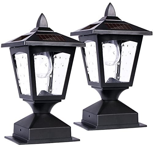 Melunar Solar Post Lights Outdoor, Solar Lamp Post Cap Lights, Waterproof Fence Post Solar Lights for Wood Fence Deck Patio Garden Outside Decorative, Fit on 4x4 Wood Posts, 15 Lumens, Black (2 Pack)