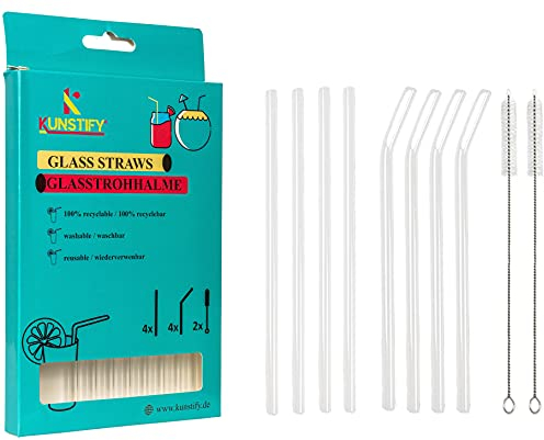 KUNSTIFY - Lot de 8 pailles réutilisables en verre transparant - Passent au lave-vaisselle - brosse de nettoyage incluse