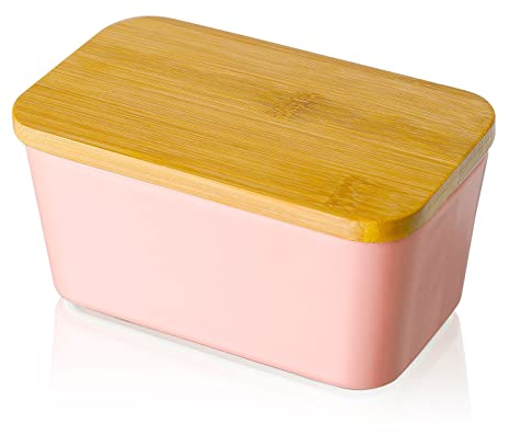 Candiicap Porcelain Butter Dish with Wooden Lid, Airtight Butter Keeper for Countertop, Large Butter Holder for All Types of Butter(Matte Pink)