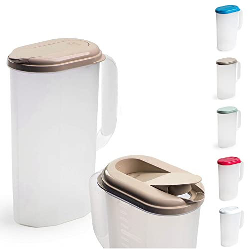 Plastic Slimline Fridge Jug with Lid Water Milk Juices Kitchen Home Door Picnic Jugs Pitcher of Water Clip & Lock Seal Dishwasher Freezer & Microwave Safe (Frost with Taupe Lid, 2L)
