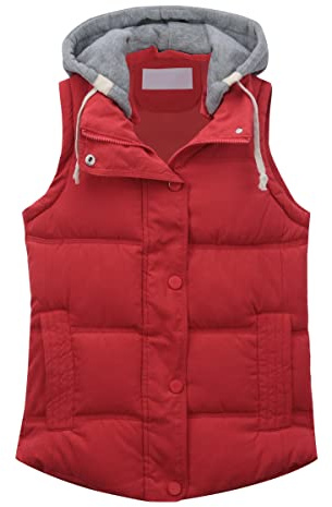 YUNCLOS Damen Übergangsjacke mit Abnehmbarer Kapuze Leichte Ärmellos Steppweste Outdoor Weste Warmhalten Taschen Gilet Herbst und Winter,Rot,L