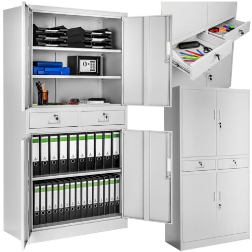 TecTake Armoire de Rangement Metal Armoire de Bureau avec Serrure 4 Portes battantes et 2 tiroirs verrouillables pour Rangement Dossier, 80 x 40 x 180 cm - Gris Clair