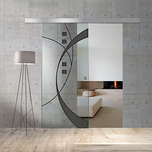 BOSS Puerta corredera del vidrio modelo SHINE 85x215 cm (60/85/95 cm) Vidrio Transparente de 8 mm, patron arenado nanotratamiento Antracita, kit completo de herrajes (85x215 cm, IZQUIERDO)