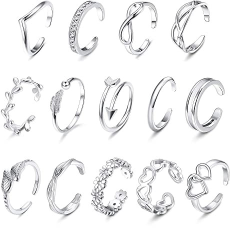 Dochais Toe Rings 14PCS Tail Rings Adjustable Open Rings Eros Sword Lines Flower Leaves Feather Love Cross Ring for Women Men Retro Toe Rings Joint