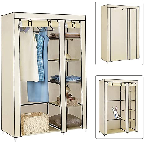 RELOVE Armadio pieghevole in tessuto con ante arrotolabili, con asta, grande stabilità, in tessuto con asta appendiabiti, altezza 175 cm, 110 x 45 x 175 cm, beige